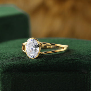 Oval Moissanite Bezel Set Split Shank 14K Gold Engagement Ring