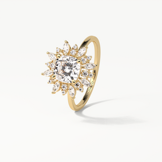 1.5 CT Cushion Lab Grown Diamond Engagement Ring, Starbrust Lab Grown Diamond Ring, Marquise Halo Diamond Wedding 14K Yellow Gold Ring