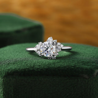 Round Moissanite Cluster Diamond Engagement Ring in 14k White Gold